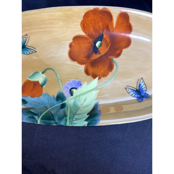 VTG Lusterware Oval Platter Poppy Butterfly Relish Dish Made In Japan Handles 13 - Picture 1 of 12